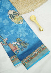 Premium printed silk mugal painting prints Elephants - sky blue